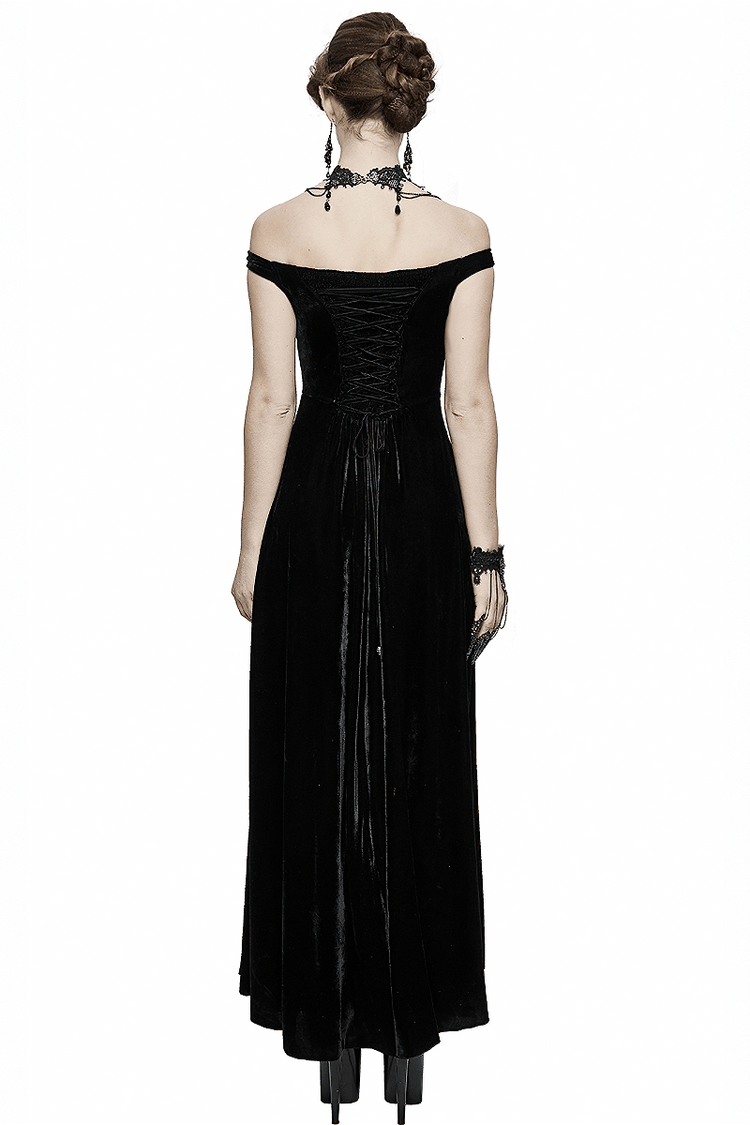 Vintage Sexy Off Shoulder Velvet Long Dress / Gothic Black Dress with Lace On Bodice & Lace-up Back - image 2