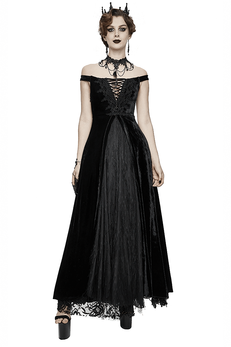Vintage Sexy Off Shoulder Velvet Long Dress / Gothic Black Dress with Lace On Bodice & Lace-up Back - image 1