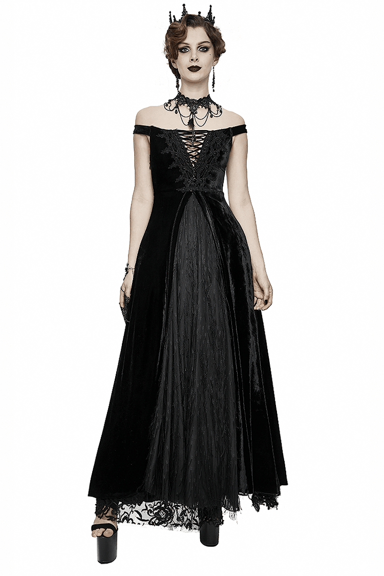 Vintage Sexy Off Shoulder Velvet Long Dress / Gothic Black Dress with Lace On Bodice & Lace-up Back - image 1