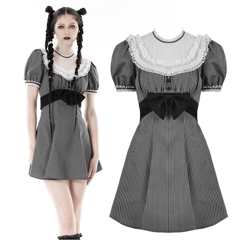 Vintage Striped Dress with Lace and Bow Detail - image 3