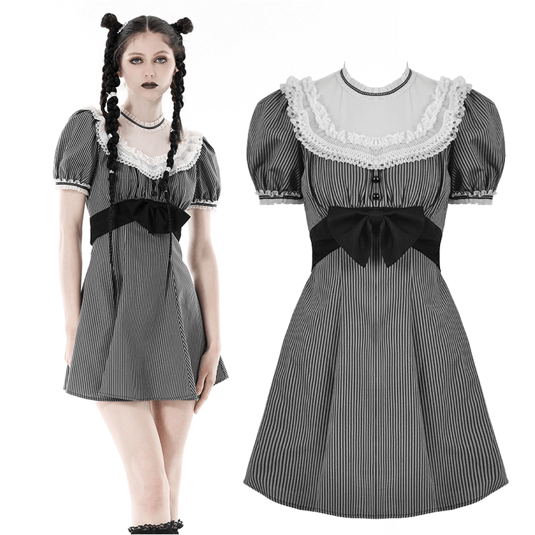 Vintage Striped Dress with Lace and Bow Detail - image 3
