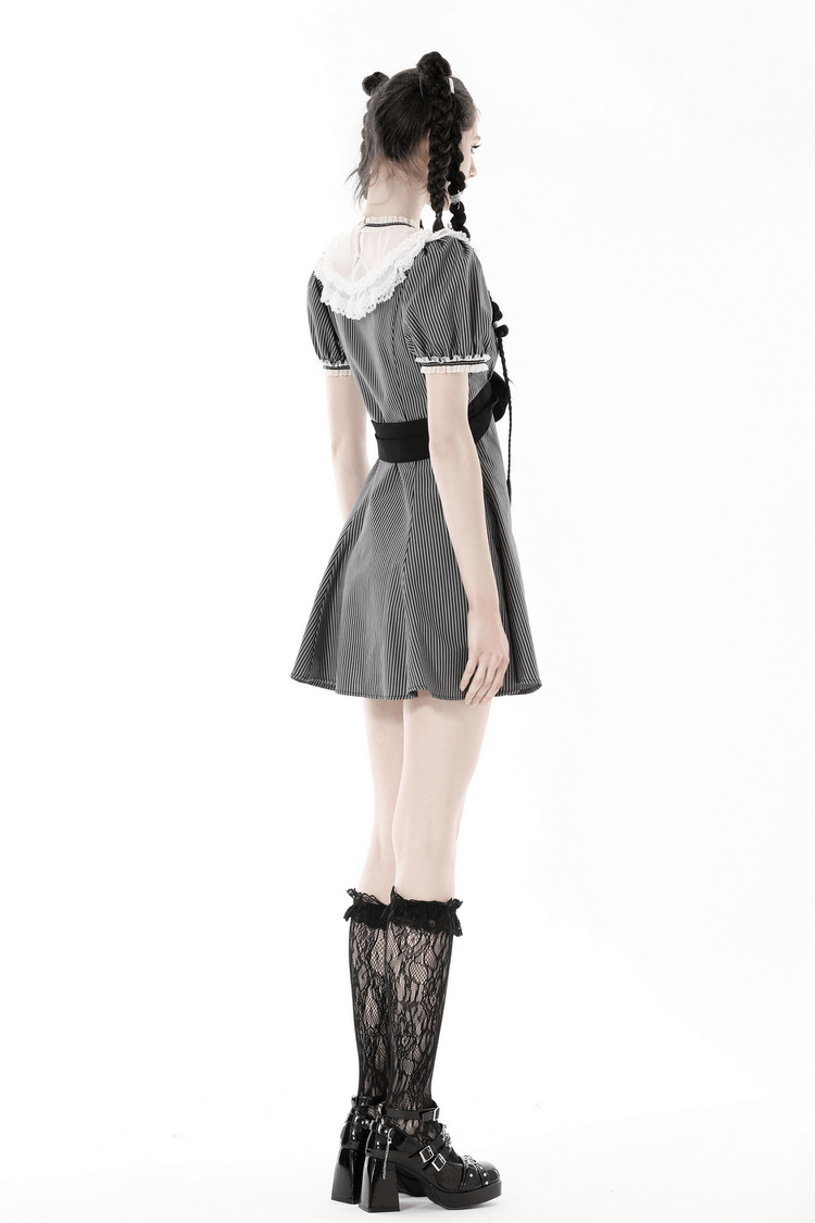 Vintage Striped Dress with Lace and Bow Detail - image 13