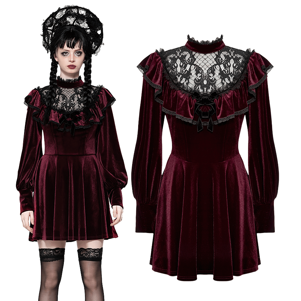 Vintage Velvet Dress with Black Lace Trim and Ruffles - image 3