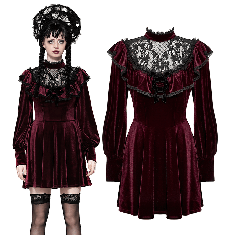 Vintage Velvet Dress with Black Lace Trim and Ruffles - image 3
