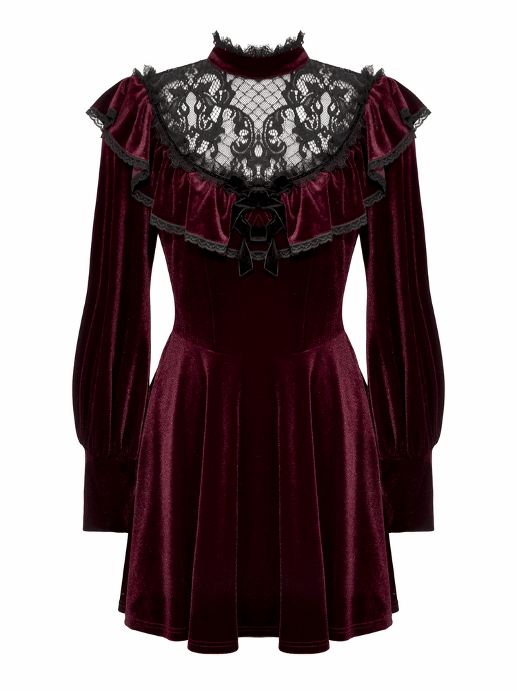 Vintage Velvet Dress with Black Lace Trim and Ruffles - image 4
