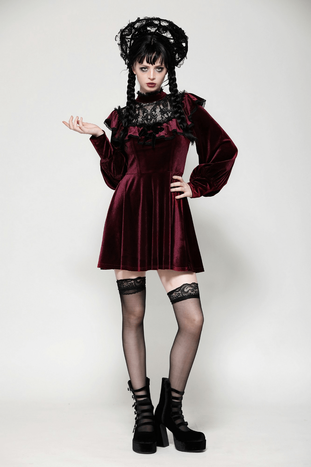 Vintage Velvet Dress with Black Lace Trim and Ruffles - image 11