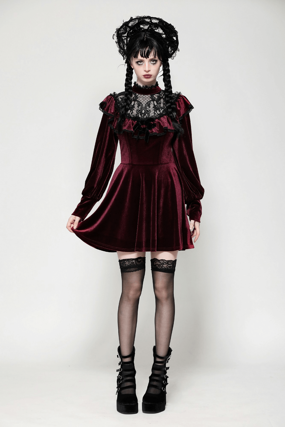 Vintage Velvet Dress with Black Lace Trim and Ruffles - image 12