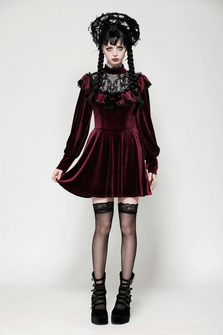 Vintage Velvet Dress with Black Lace Trim and Ruffles - image 12