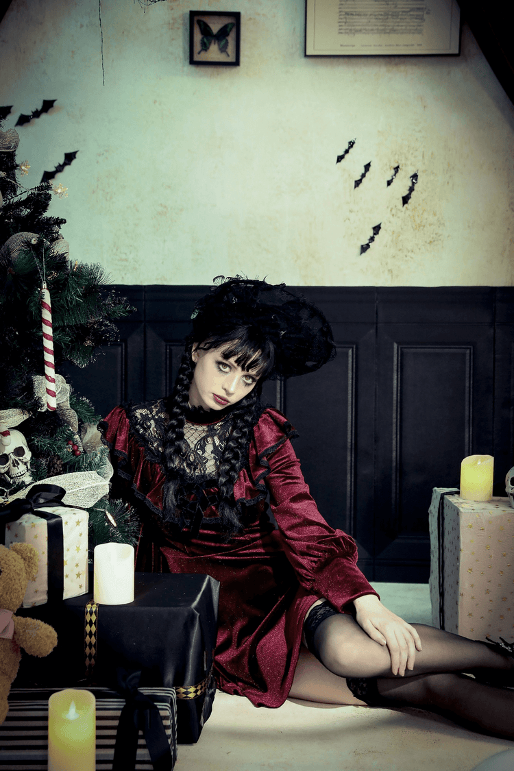 Vintage Velvet Dress with Black Lace Trim and Ruffles - image 16