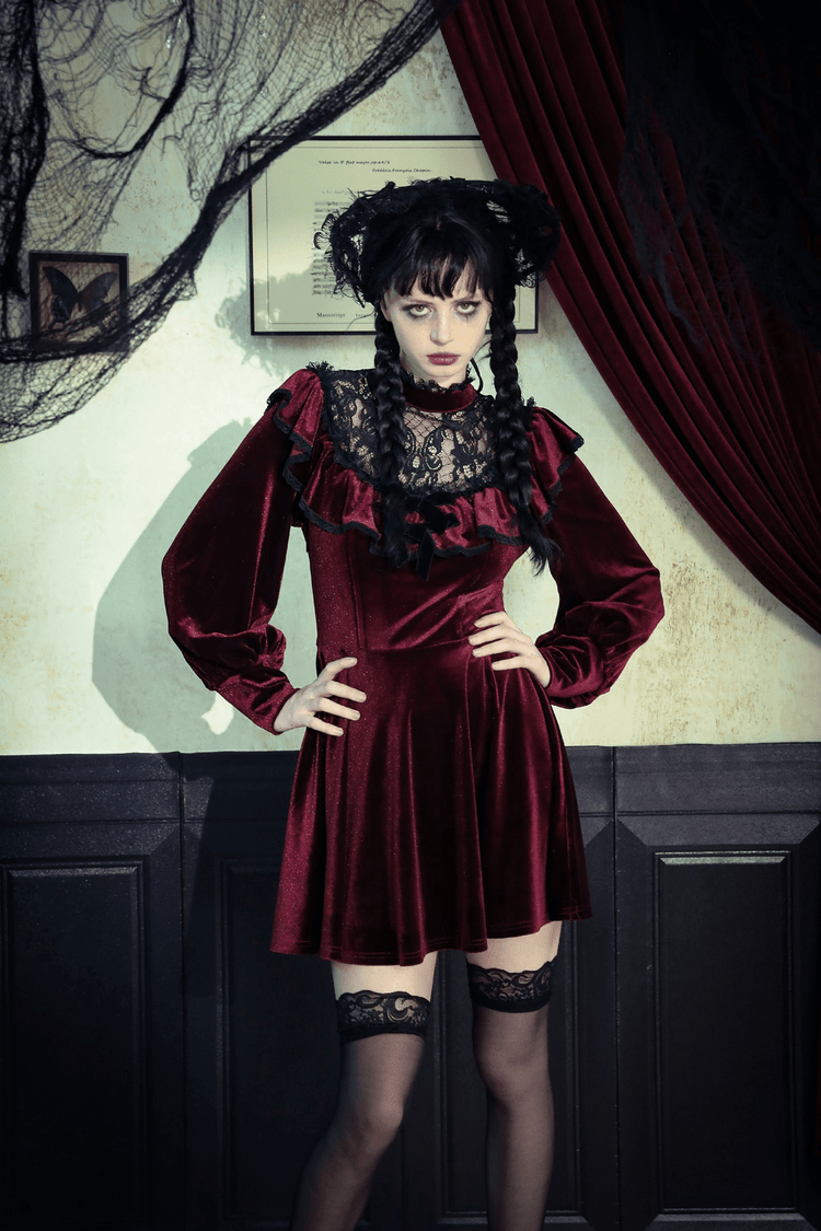 Vintage Velvet Dress with Black Lace Trim and Ruffles - image 15
