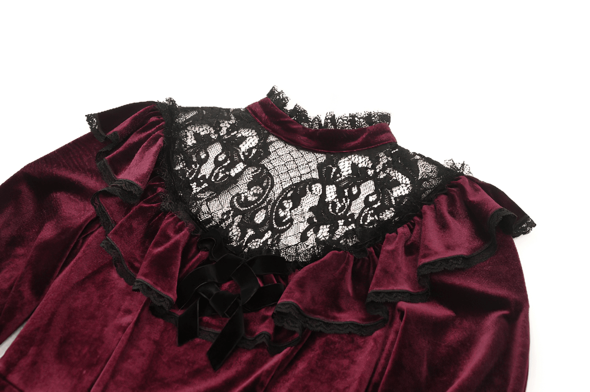 Vintage Velvet Dress with Black Lace Trim and Ruffles - image 6