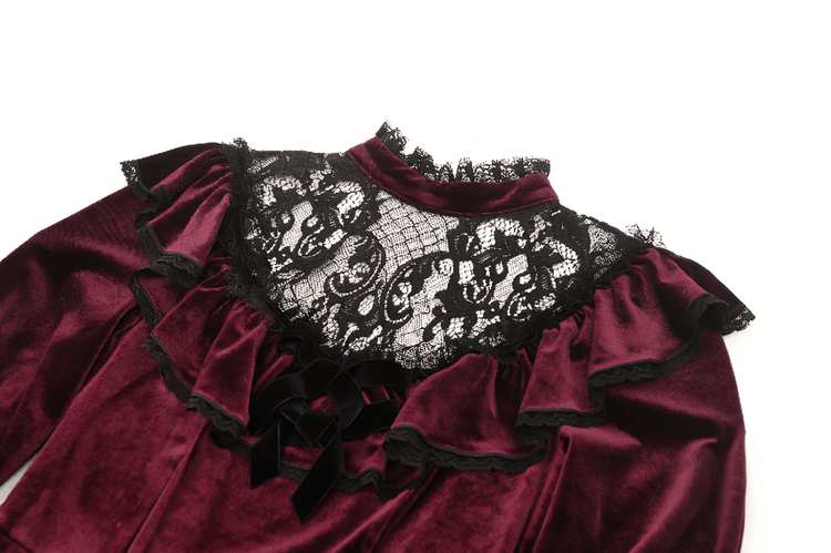 Vintage Velvet Dress with Black Lace Trim and Ruffles - image 6