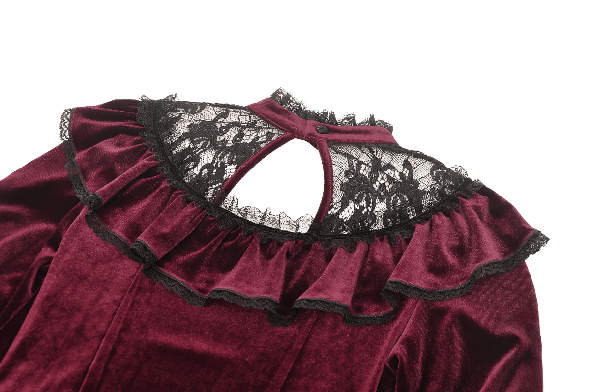 Vintage Velvet Dress with Black Lace Trim and Ruffles - image 7