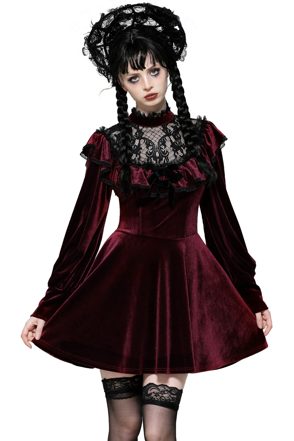 Vintage Velvet Dress with Black Lace Trim and Ruffles - image 1