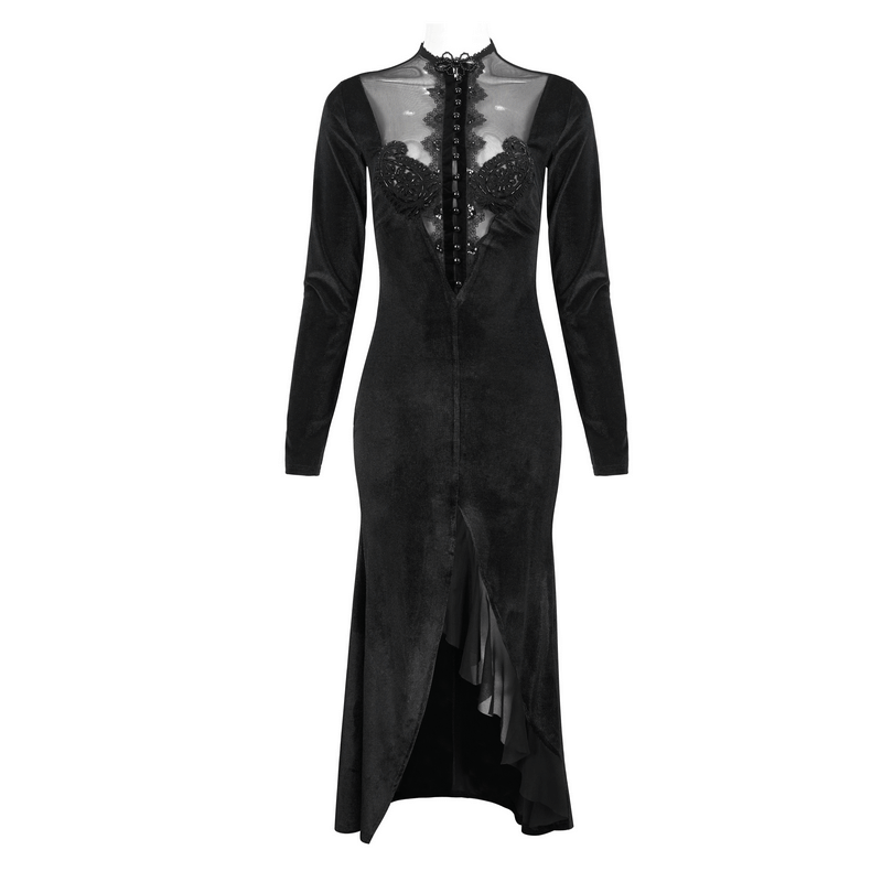 Vintage Velvet Slit FishtaiI Dress with Lace Applique / Gothic See-through Neck Long Sleeves Dress - image 3