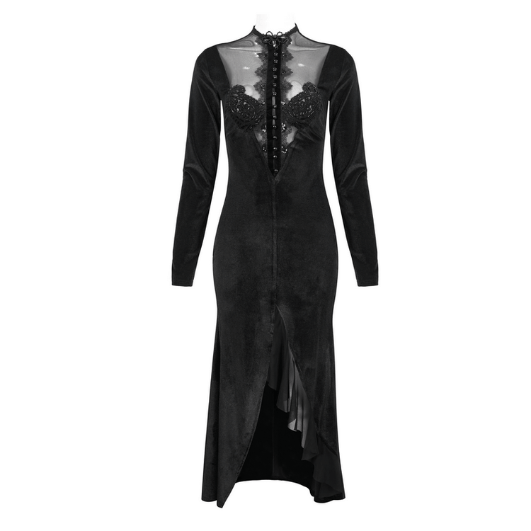 Vintage Velvet Slit FishtaiI Dress with Lace Applique / Gothic See-through Neck Long Sleeves Dress - image 3