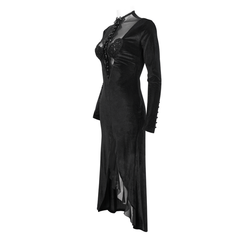 Vintage Velvet Slit FishtaiI Dress with Lace Applique / Gothic See-through Neck Long Sleeves Dress - image 4