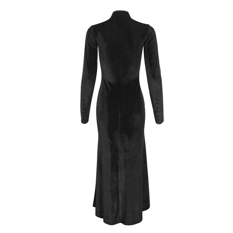 Vintage Velvet Slit FishtaiI Dress with Lace Applique / Gothic See-through Neck Long Sleeves Dress - image 5