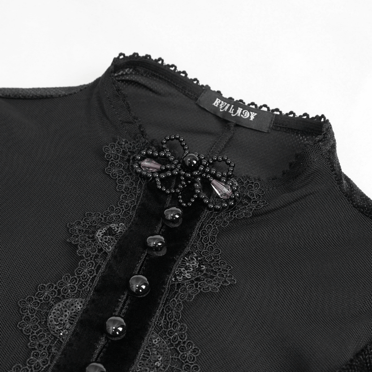 Vintage Velvet Slit FishtaiI Dress with Lace Applique / Gothic See-through Neck Long Sleeves Dress - image 6