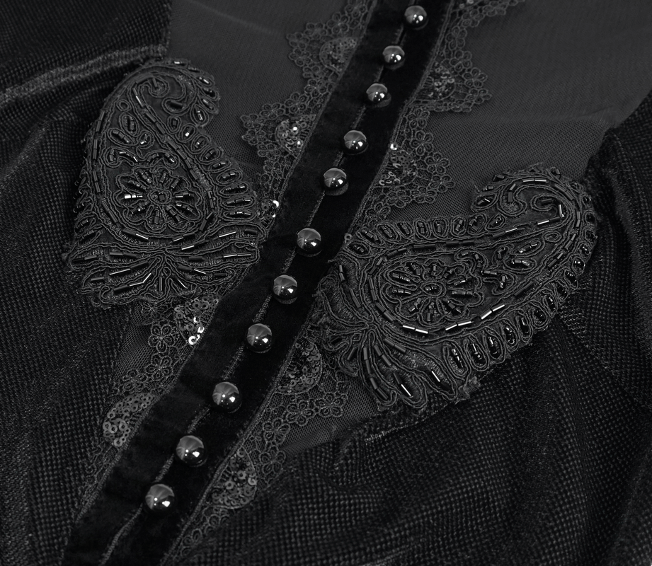 Vintage Velvet Slit FishtaiI Dress with Lace Applique / Gothic See-through Neck Long Sleeves Dress - image 8
