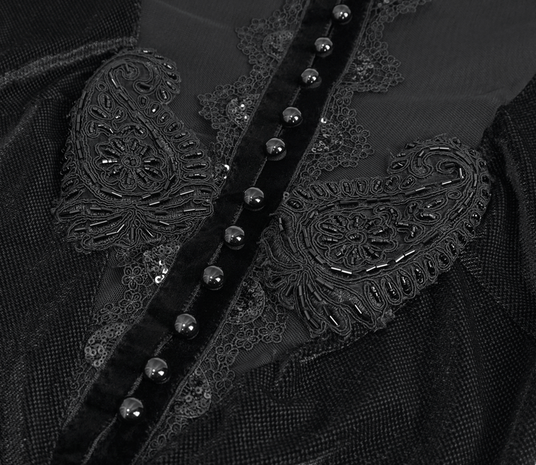 Vintage Velvet Slit FishtaiI Dress with Lace Applique / Gothic See-through Neck Long Sleeves Dress - image 8
