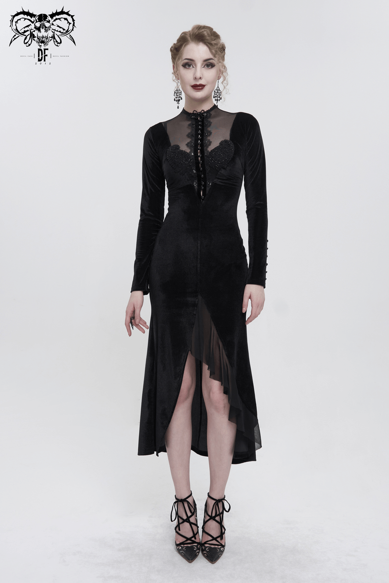 Vintage Velvet Slit FishtaiI Dress with Lace Applique / Gothic See-through Neck Long Sleeves Dress - image 12