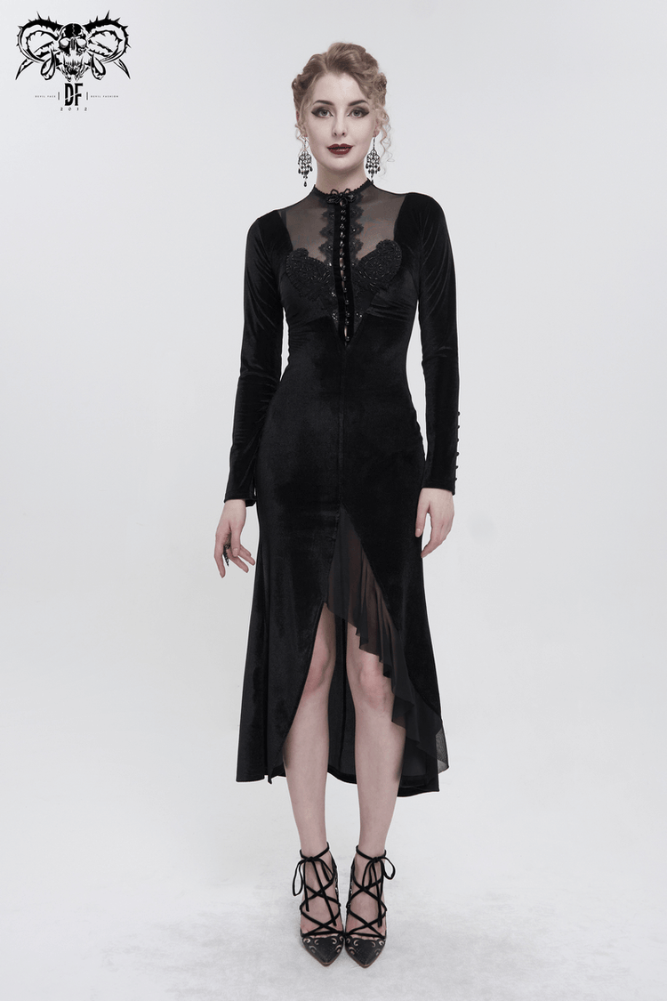 Vintage Velvet Slit FishtaiI Dress with Lace Applique / Gothic See-through Neck Long Sleeves Dress - image 12