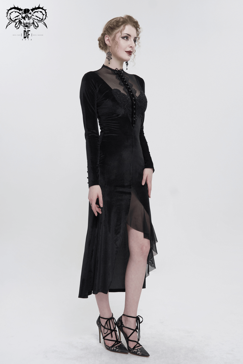 Vintage Velvet Slit FishtaiI Dress with Lace Applique / Gothic See-through Neck Long Sleeves Dress - image 14
