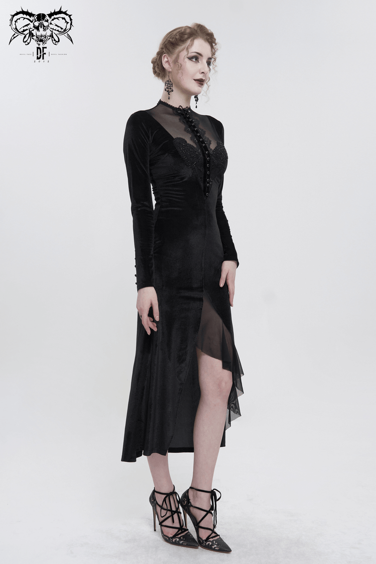 Vintage Velvet Slit FishtaiI Dress with Lace Applique / Gothic See-through Neck Long Sleeves Dress - image 14