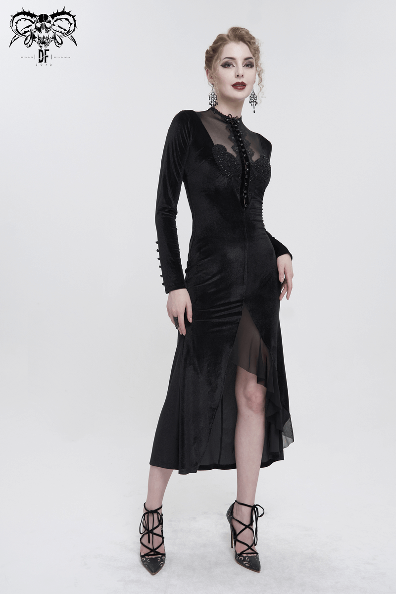 Vintage Velvet Slit FishtaiI Dress with Lace Applique / Gothic See-through Neck Long Sleeves Dress - image 13