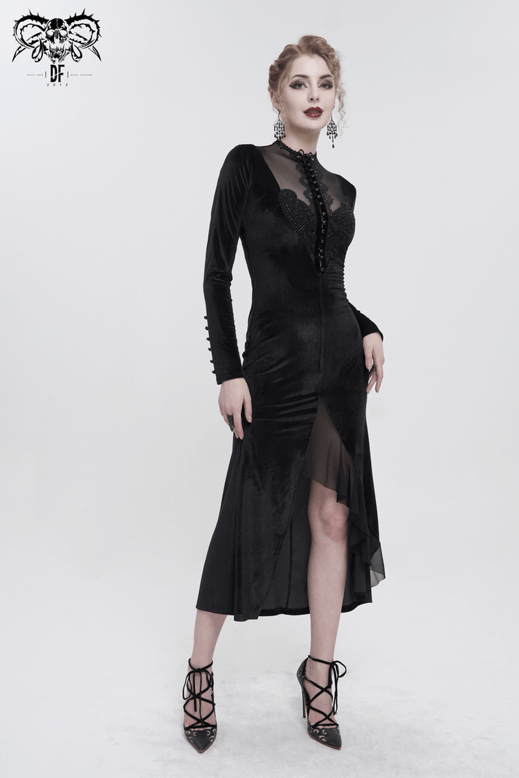 Vintage Velvet Slit FishtaiI Dress with Lace Applique / Gothic See-through Neck Long Sleeves Dress - image 13