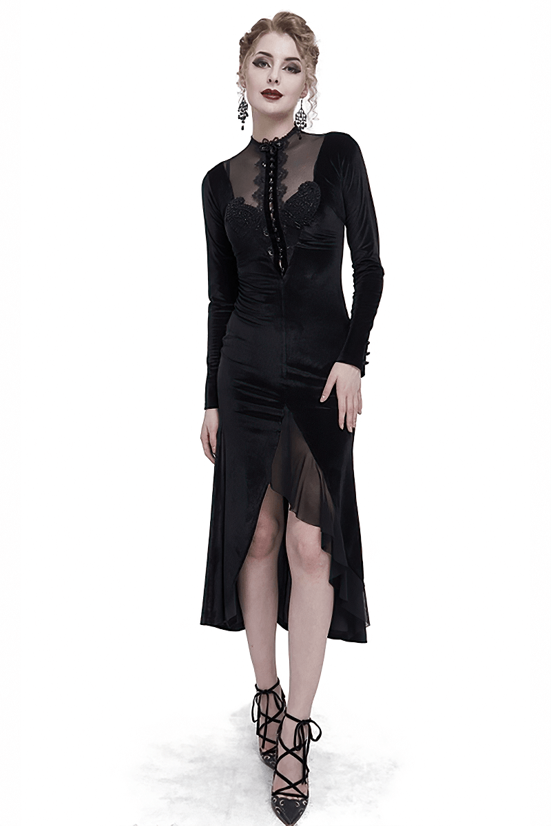 Vintage Velvet Slit FishtaiI Dress with Lace Applique / Gothic See-through Neck Long Sleeves Dress - image 1