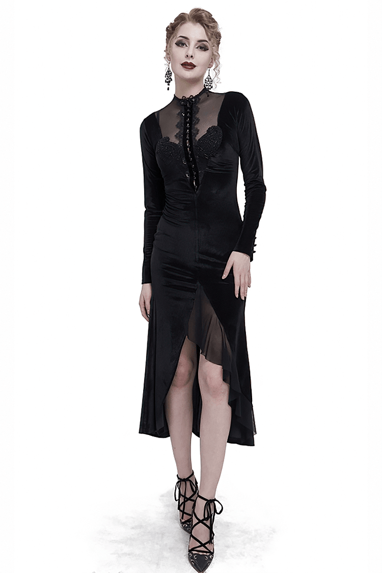 Vintage Velvet Slit FishtaiI Dress with Lace Applique / Gothic See-through Neck Long Sleeves Dress - image 1