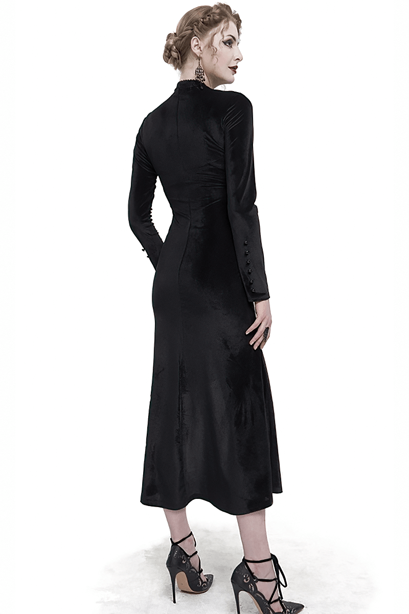 Vintage Velvet Slit FishtaiI Dress with Lace Applique / Gothic See-through Neck Long Sleeves Dress - image 2