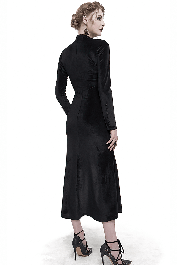 Vintage Velvet Slit FishtaiI Dress with Lace Applique / Gothic See-through Neck Long Sleeves Dress - image 2