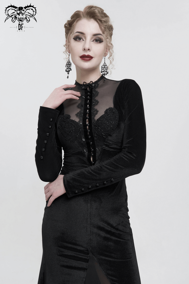 Vintage Velvet Slit FishtaiI Dress with Lace Applique / Gothic See-through Neck Long Sleeves Dress - image 11