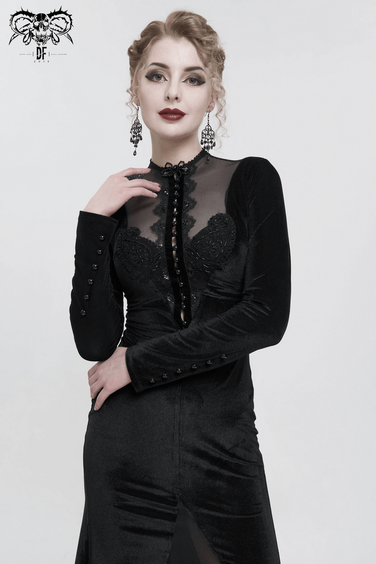 Vintage Velvet Slit FishtaiI Dress with Lace Applique / Gothic See-through Neck Long Sleeves Dress - image 11