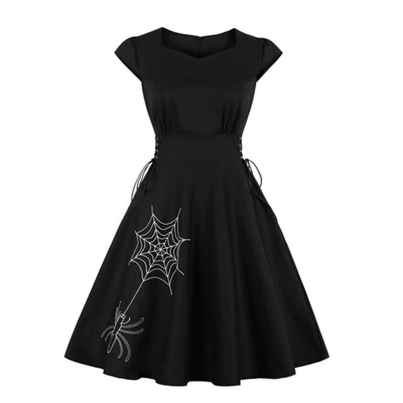 Vintage Women's Black Print Dress / Gothic Ladies Medieval Gown with Short Sleeve - image 1