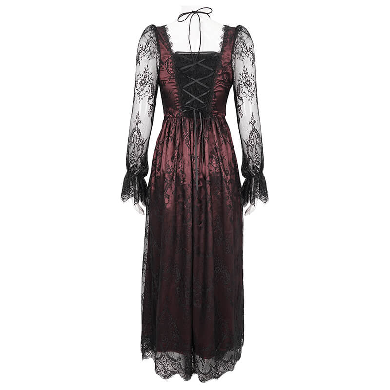 Vintage Women's Lace Long Sleeves Party Dress / Sexy Black and Wine Red Deep V-neck Dress - image 5