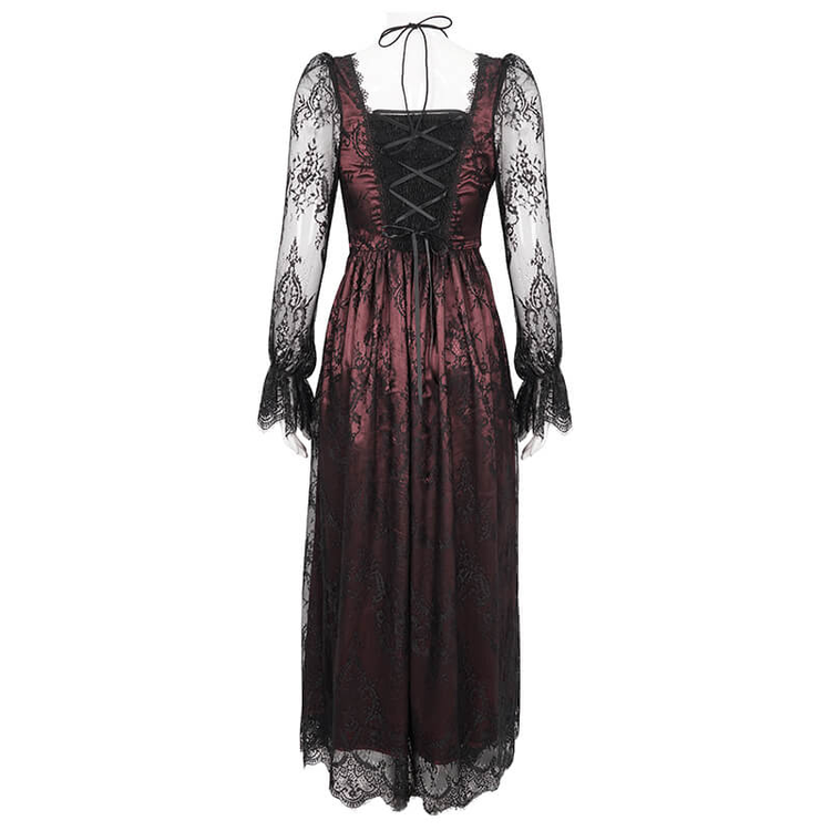Vintage Women's Lace Long Sleeves Party Dress / Sexy Black and Wine Red Deep V-neck Dress - image 5