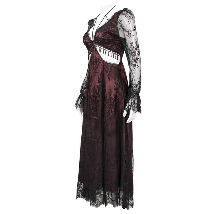 Vintage Women's Lace Long Sleeves Party Dress / Sexy Black and Wine Red Deep V-neck Dress - image 4