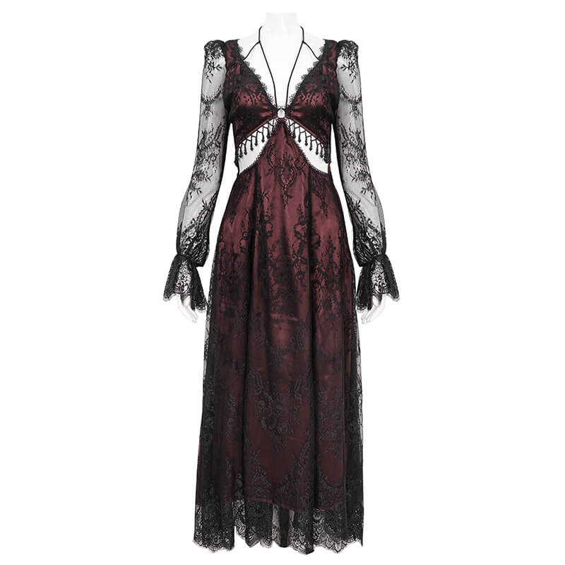 Vintage Women's Lace Long Sleeves Party Dress / Sexy Black and Wine Red Deep V-neck Dress - image 3