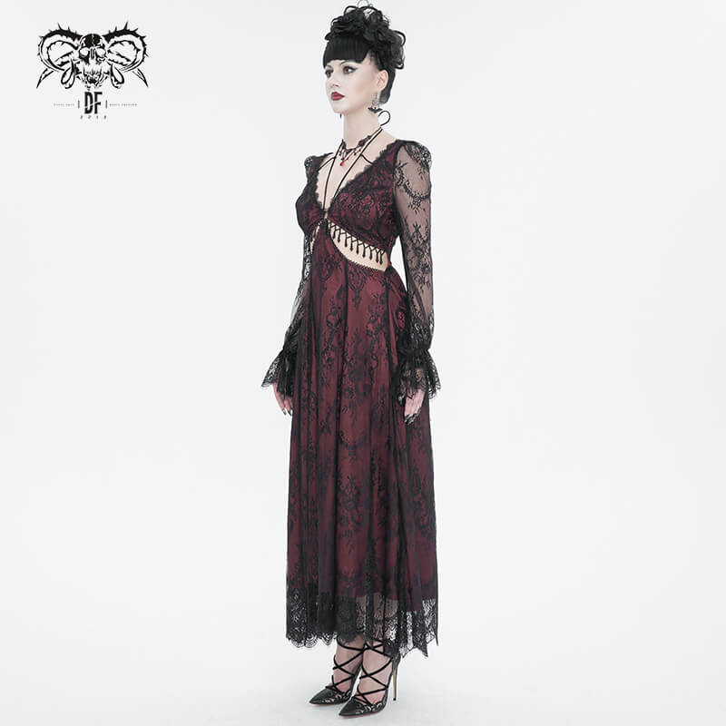 Vintage Women's Lace Long Sleeves Party Dress / Sexy Black and Wine Red Deep V-neck Dress - image 6