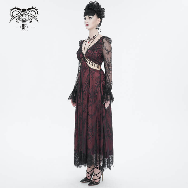 Vintage Women's Lace Long Sleeves Party Dress / Sexy Black and Wine Red Deep V-neck Dress - image 6