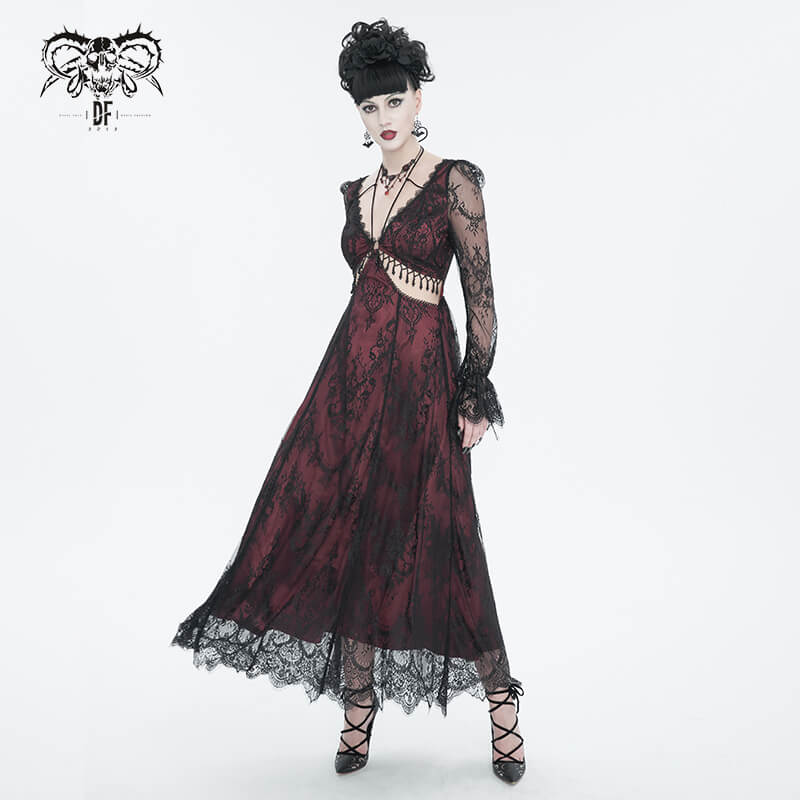 Vintage Women's Lace Long Sleeves Party Dress / Sexy Black and Wine Red Deep V-neck Dress - image 7