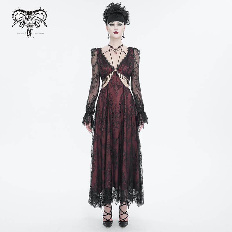 Vintage Women's Lace Long Sleeves Party Dress / Sexy Black and Wine Red Deep V-neck Dress - image 8