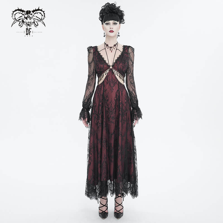 Vintage Women's Lace Long Sleeves Party Dress / Sexy Black and Wine Red Deep V-neck Dress - image 8