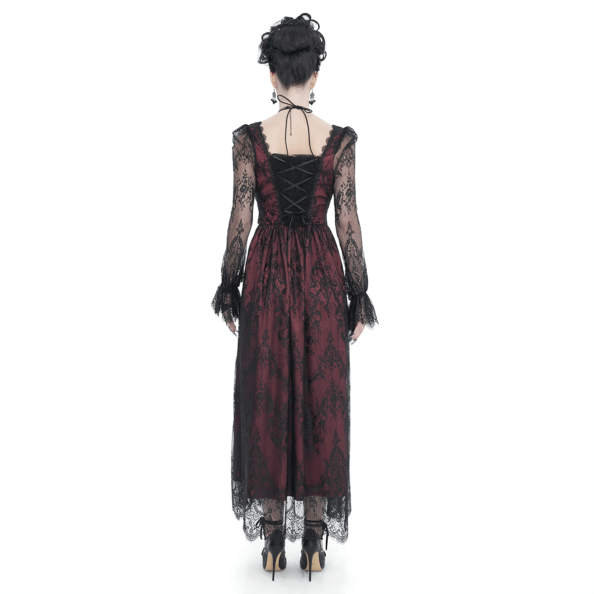 Vintage Women's Lace Long Sleeves Party Dress / Sexy Black and Wine Red Deep V-neck Dress - image 2