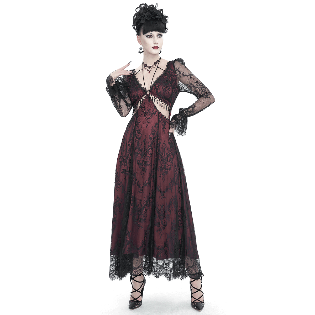 Vintage Women's Lace Long Sleeves Party Dress / Sexy Black and Wine Red Deep V-neck Dress - image 1