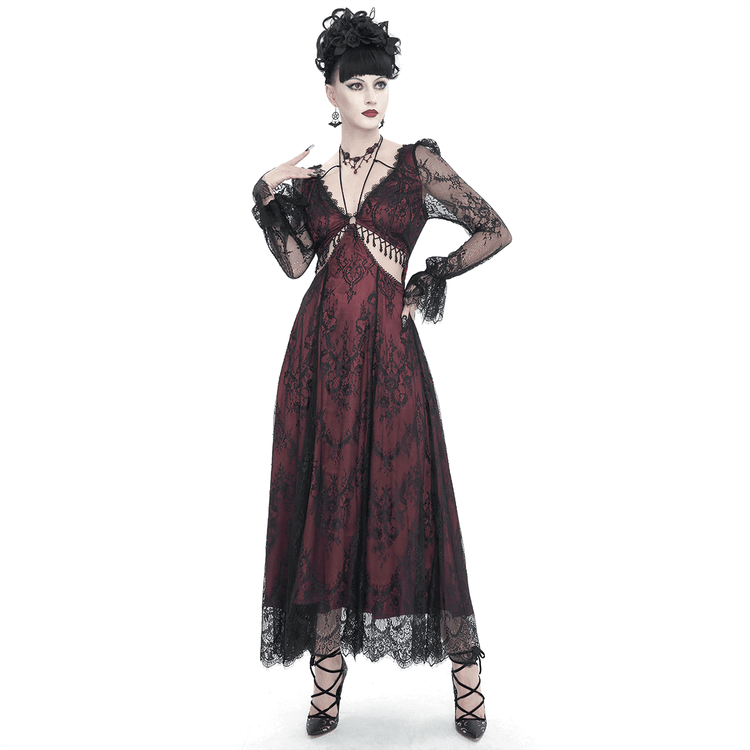 Vintage Women's Lace Long Sleeves Party Dress / Sexy Black and Wine Red Deep V-neck Dress - image 1